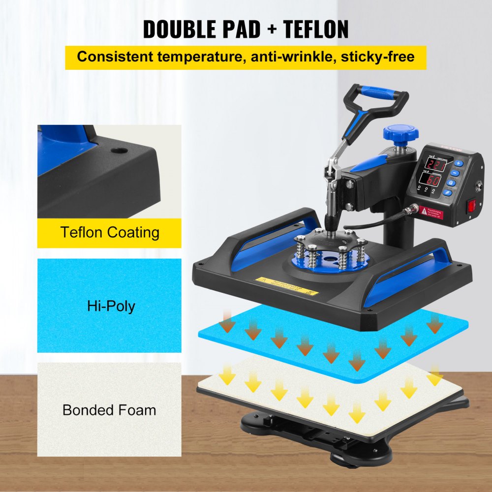 VEVOR Máquina de prensado en caliente, 12 x 15 pulgadas, calentamiento rápido, 360 Swing Away Digital Sublimation Camiseta Impresora de transferencia de vinilo con superficie anti-escaldaduras, bolsa de lona, ​​almohada, pancarta, lista ETL, azul