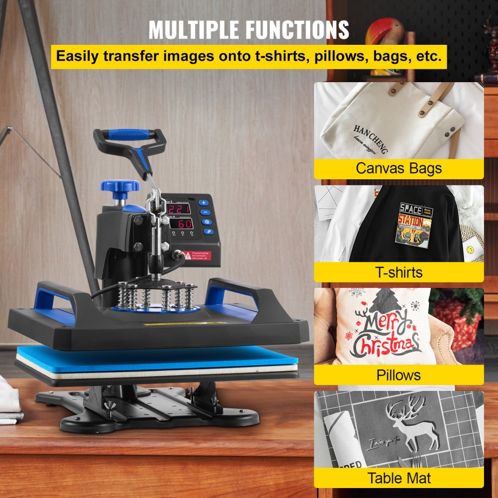 VEVOR Máquina de prensado en caliente, 12 x 15 pulgadas, calentamiento rápido, 360 Swing Away Digital Sublimation Camiseta Impresora de transferencia de vinilo con superficie anti-escaldaduras, bolsa de lona, ​​almohada, pancarta, lista ETL, azul