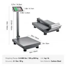 Báscula de plataforma digital de computación VEVOR, carga de 660 lbs, báscula de piso de computación de precisión de 0.1 lbs con LB/KG, tara, calculadora de precios, pantalla de alta definición de acero inoxidable para cajas, equipajes, listado FCC