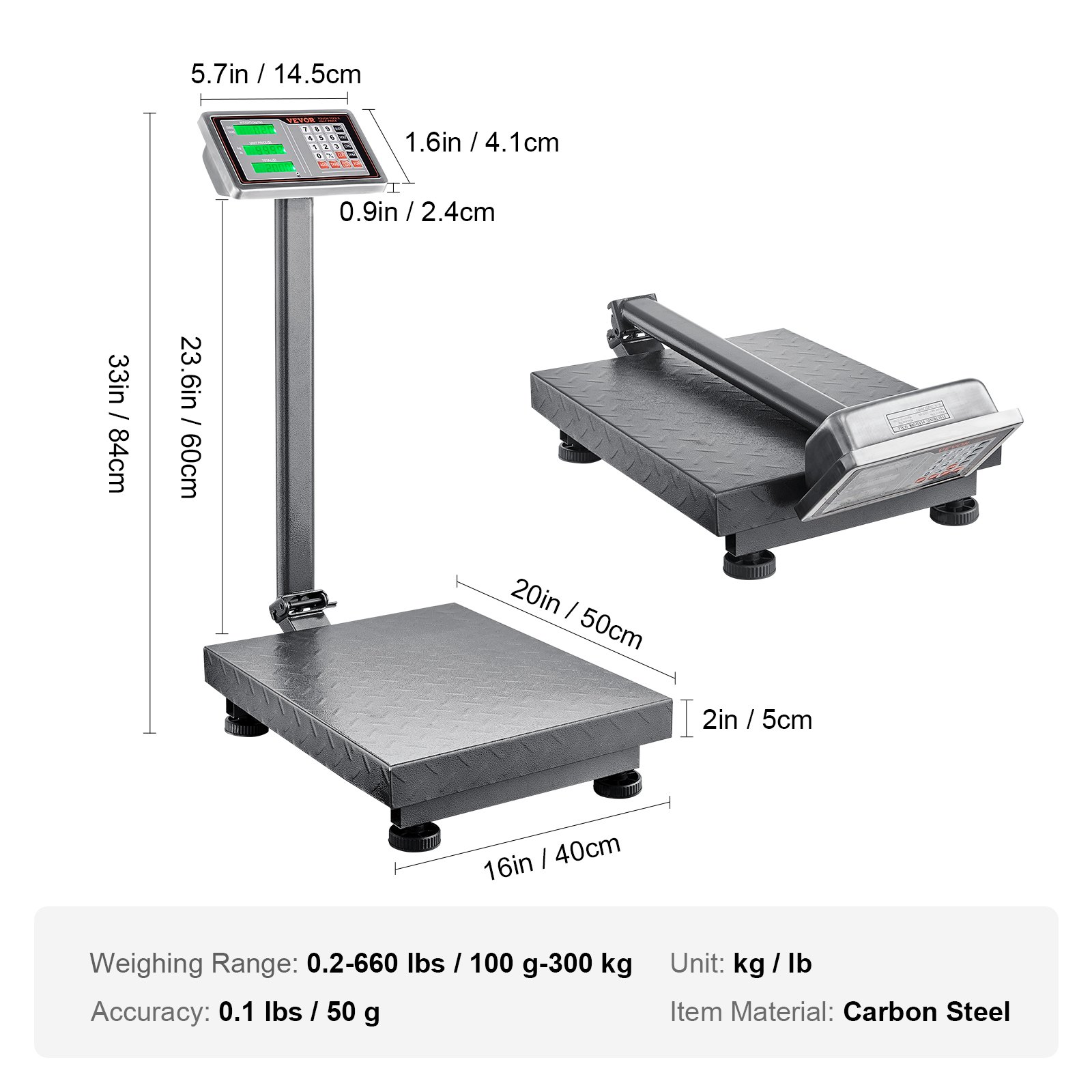 VEVOR Báscula digital de plataforma, capacidad de carga 300kg, precisión de 0,1kg, con función de tara y calculadora de precios. Pantalla de alta definición de acero inoxidable para cajas y equipaje