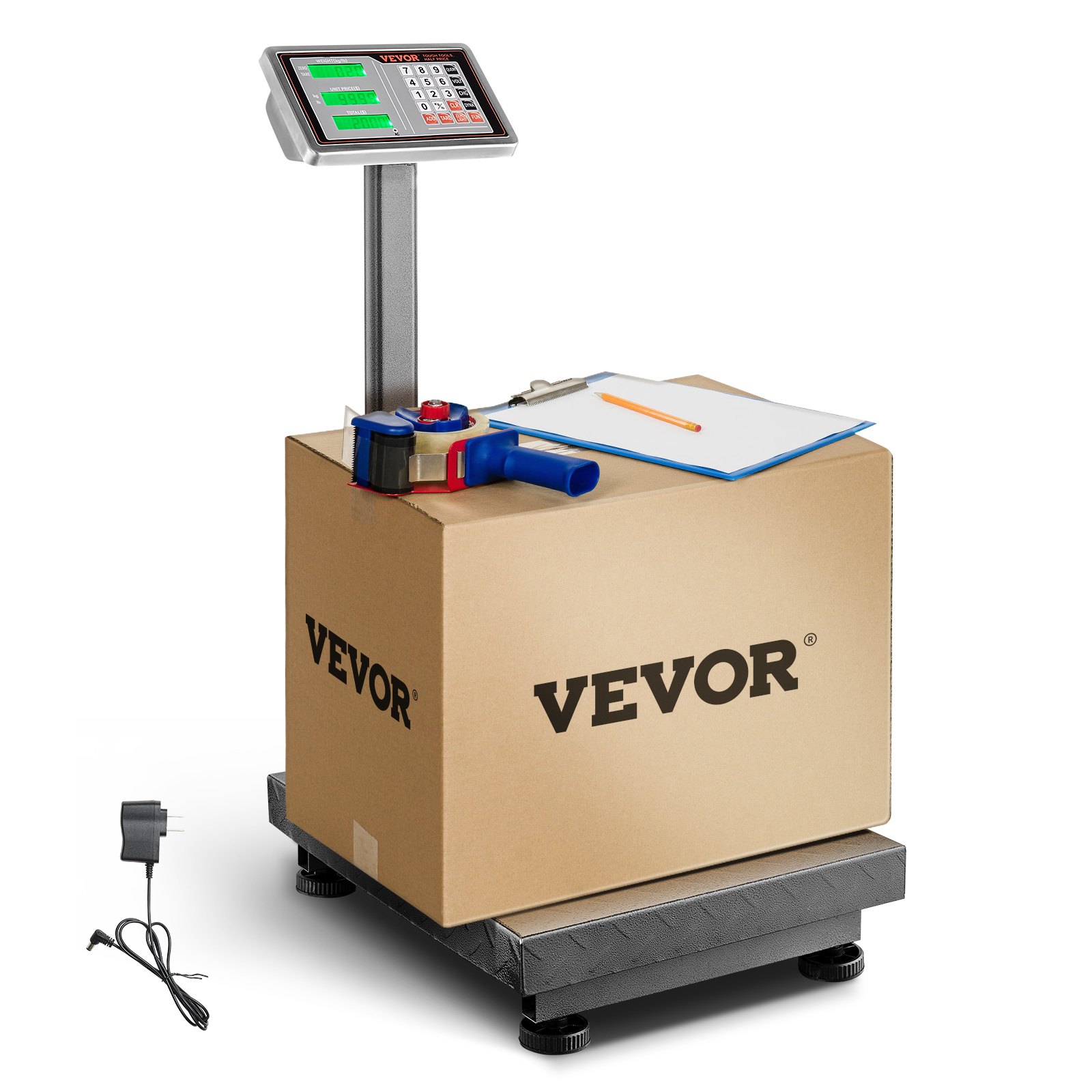 VEVOR Báscula digital de plataforma, capacidad de carga 300kg, precisión de 0,1kg, con función de tara y calculadora de precios. Pantalla de alta definición de acero inoxidable para cajas y equipaje
