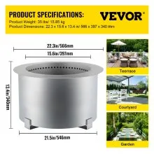 VEVOR Pozo de Fuego sin Humo Acero al Carbono Pintado de Plata Brasero Grande 15,8kg