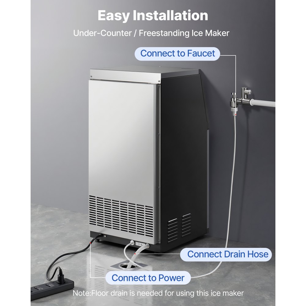 Máquina de hielo comercial VEVOR, 45 kg/24 h con capacidad de almacenamiento de 13,6 kg, empotrable/de pie/bajo mostrador, fabricada en acero inoxidable con pantalla LED y autolimpieza, ideal para el hogar, bares y restaurantes.