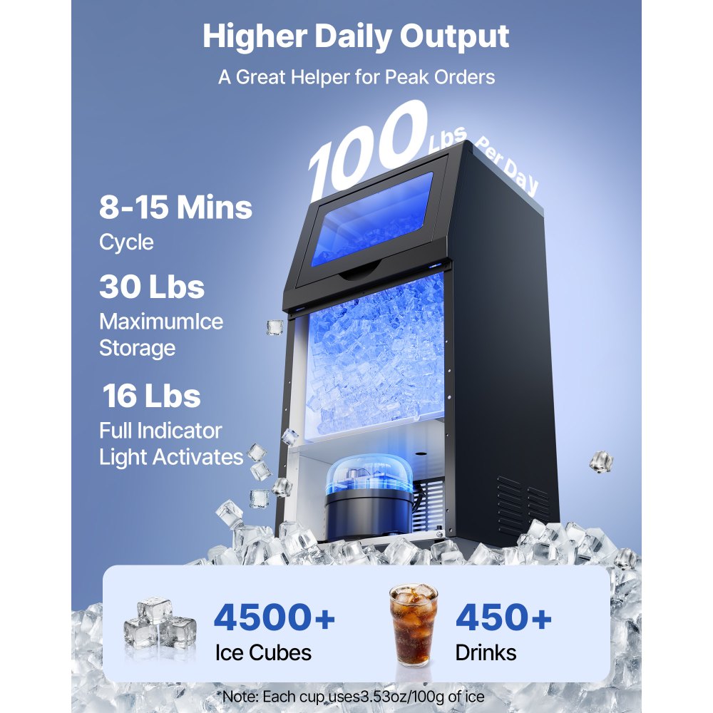 Máquina de hielo comercial VEVOR, 45 kg/24 h con capacidad de almacenamiento de 13,6 kg, empotrable/de pie/bajo mostrador, fabricada en acero inoxidable con pantalla LED y autolimpieza, ideal para el hogar, bares y restaurantes.