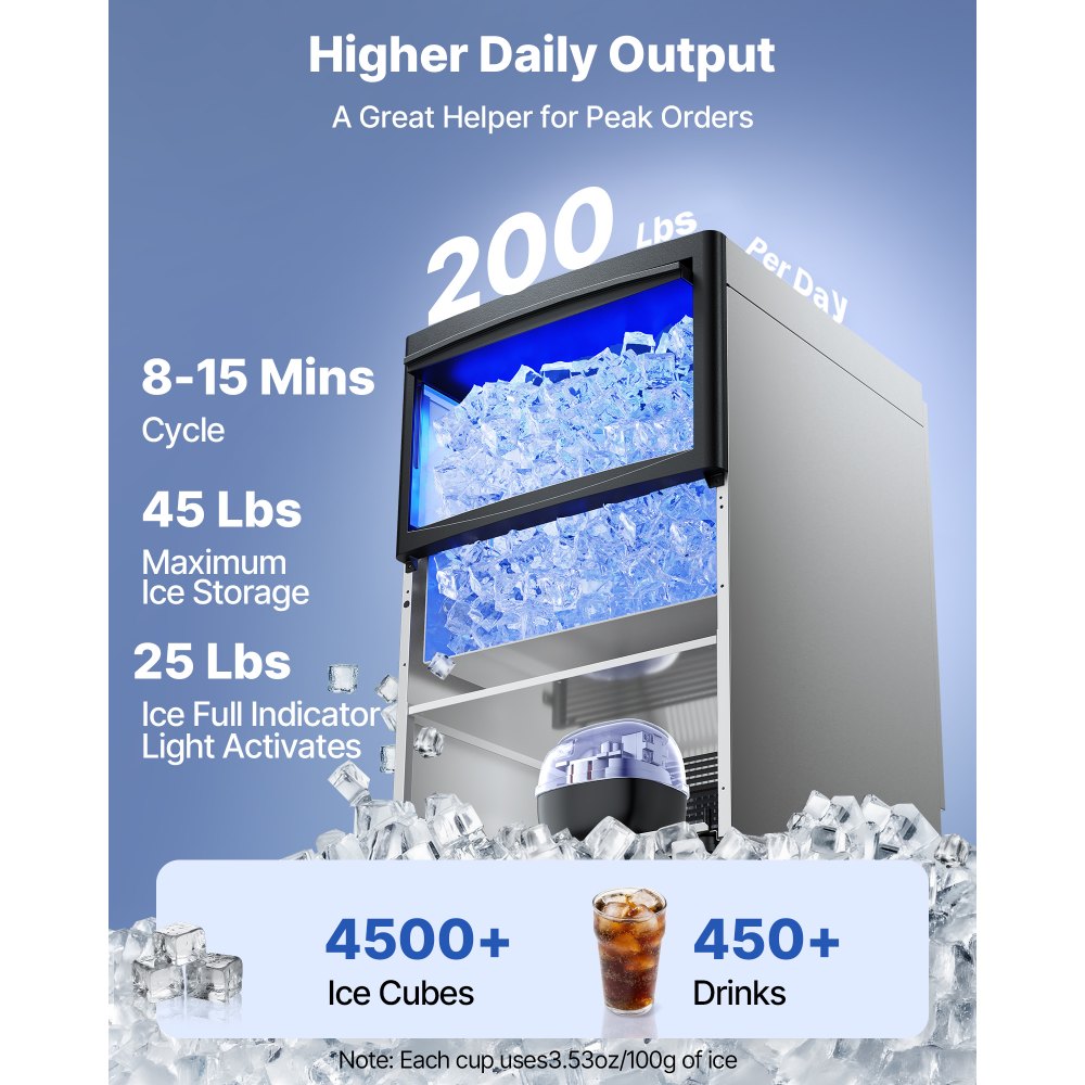 Máquina de hielo comercial VEVOR, 200 lb/24 h con capacidad de almacenamiento de 25-50 lb, empotrable/independiente/bajo mostrador, máquina de hielo de acero inoxidable con pantalla LED y autolimpieza, para bar doméstico y restaurante