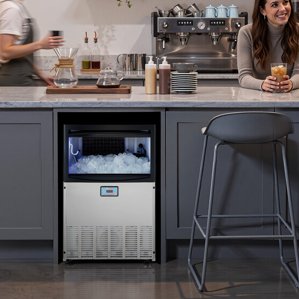 Máquina de hielo comercial VEVOR, 200 lb/24 h con capacidad de almacenamiento de 25-50 lb, empotrable/independiente/bajo mostrador, máquina de hielo de acero inoxidable con pantalla LED y autolimpieza, para bar doméstico y restaurante