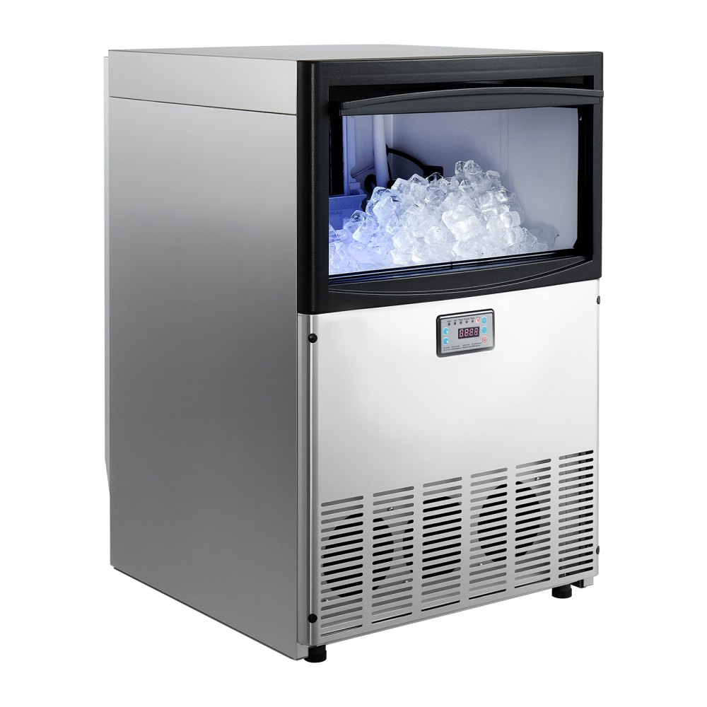 Máquina de hielo comercial VEVOR, 200 lb/24 h con capacidad de almacenamiento de 25-50 lb, empotrable/independiente/bajo mostrador, máquina de hielo de acero inoxidable con pantalla LED y autolimpieza, para bar doméstico y restaurante