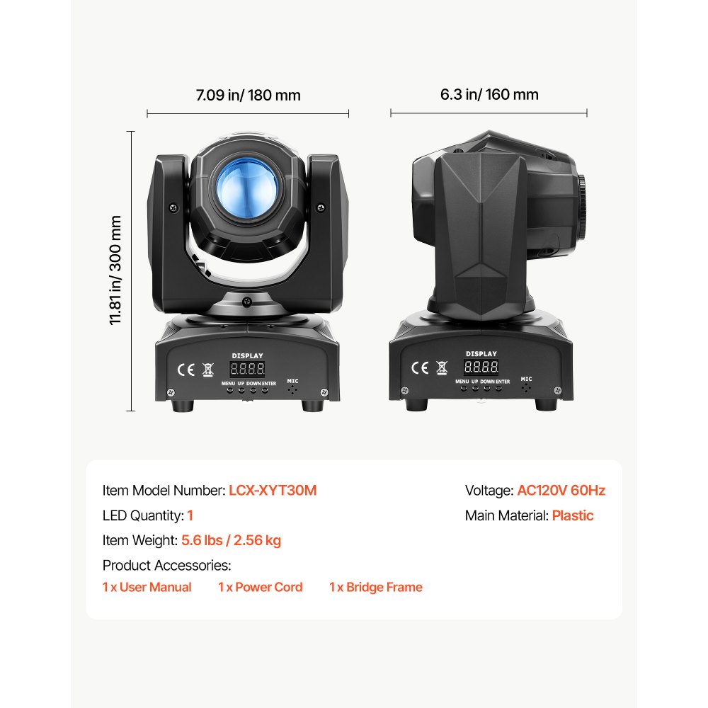 Cabeza móvil LED VEVOR, 30 W, luz de escenario RGB, iluminación para DJ, color negro, 1 unidad, foco para bodas, fiestas, eventos, espectáculos en vivo, 8 gobos y 8 colores, giro de 540° e inclinación de 270°, control DMX, activación por sonido.