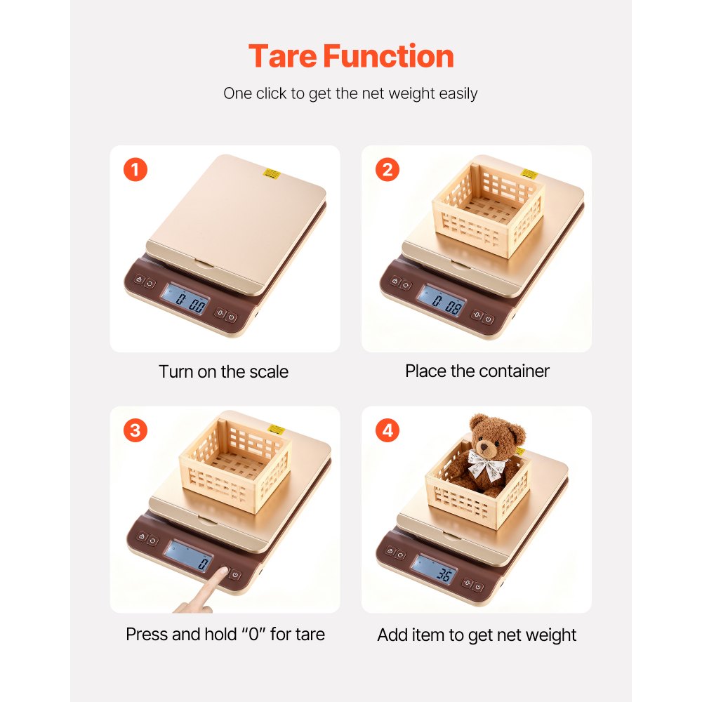 Báscula postal digital VEVOR, alta precisión de 0.1 oz, 88 lb con función de retención/tara/apagado automático, soporte abatible y fácil calibración, ideal para uso doméstico y de oficina, incluye batería.