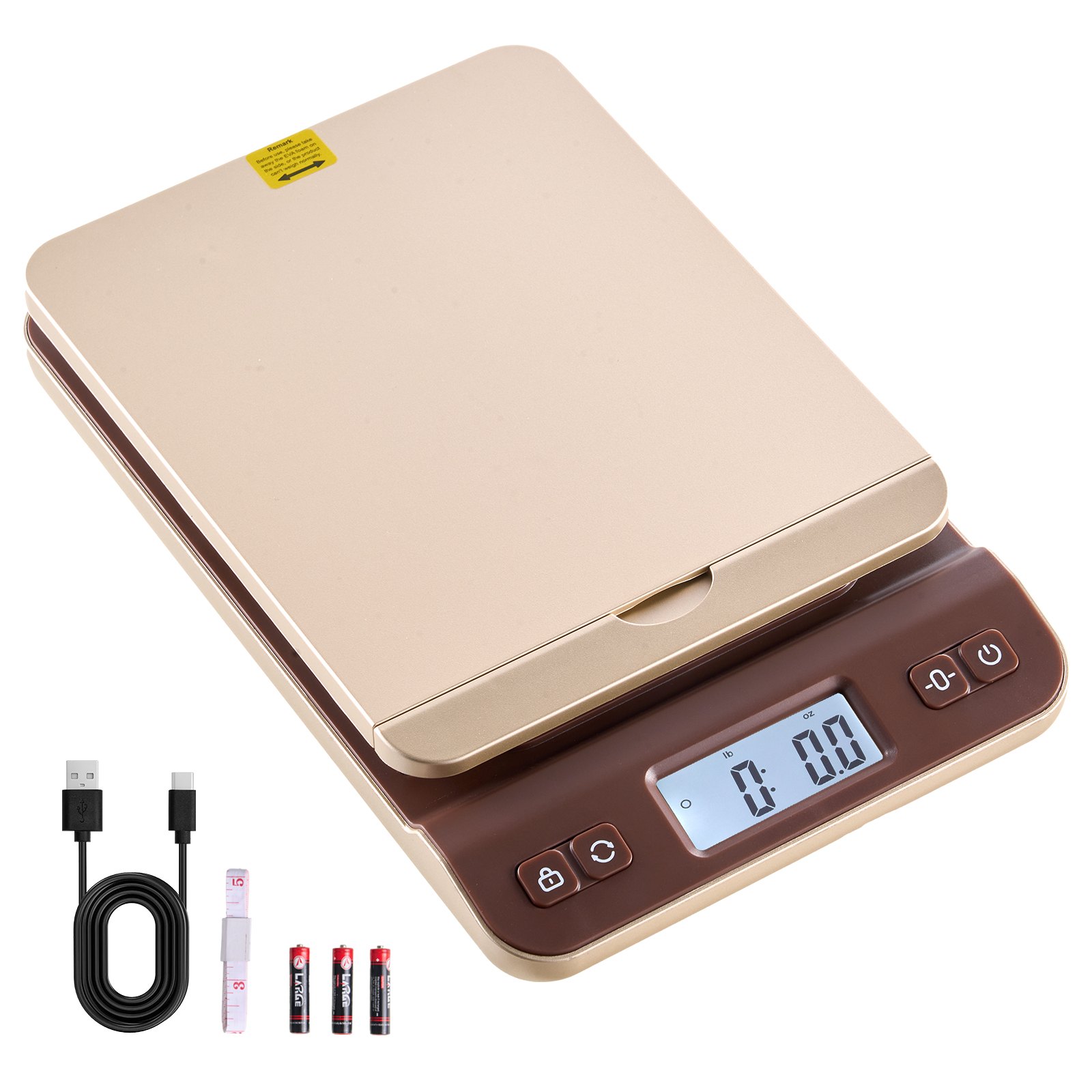 Báscula postal digital VEVOR, alta precisión de 0.1 oz, 88 lb con función de retención/tara/apagado automático, soporte abatible y fácil calibración, ideal para uso doméstico y de oficina, incluye batería.