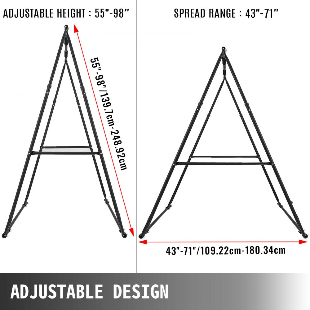Barra de dominadas VEVOR con altura ajustable (55&quot;-98&quot;) y rango de extensión (43&quot;-71&quot;).