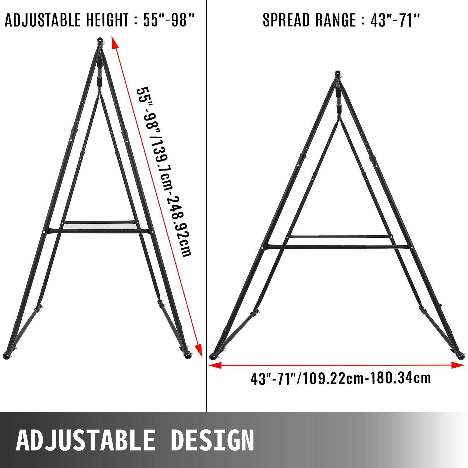 Barra de dominadas VEVOR con altura ajustable (55&quot;-98&quot;) y rango de extensión (43&quot;-71&quot;).