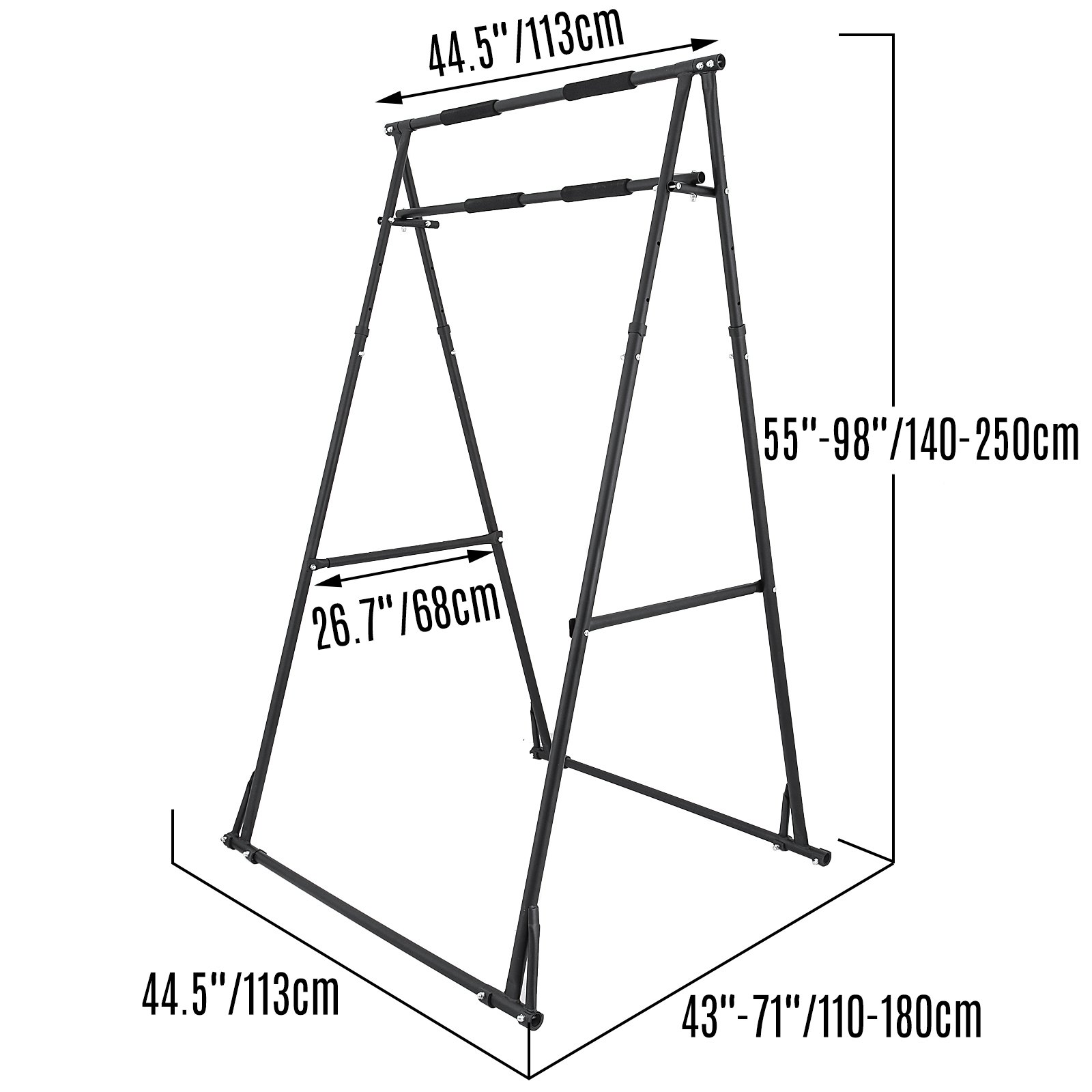 Barra de dominadas VEVOR con altura ajustable y dimensiones mostradas para fitness en casa.