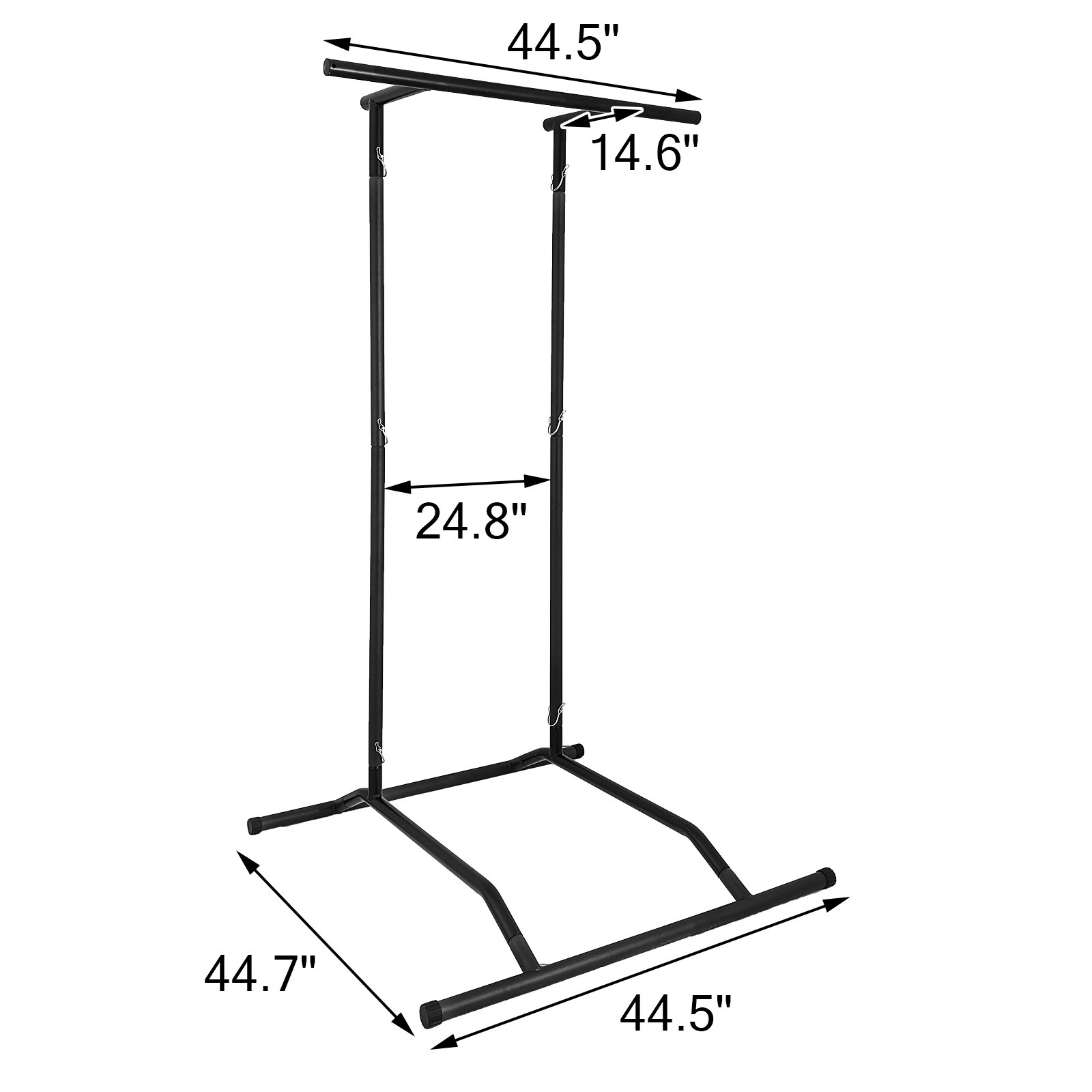 Estación de dominadas y dips VEVOR con dimensiones etiquetadas: 44,5&quot; x 14,6&quot; x 24,8&quot; x 44,7&quot;.