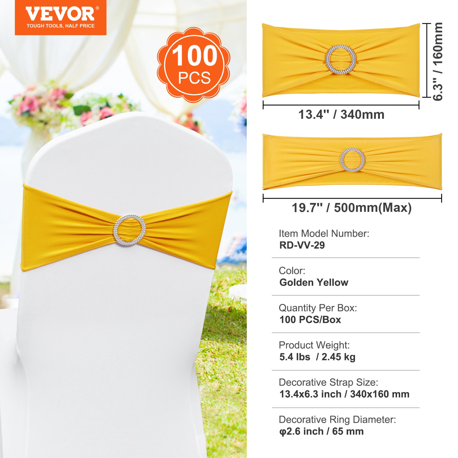 VEVOR - Fajas elásticas de licra para silla, funda y faja con hebilla redonda, ideales para bodas, fiestas, banquetes y decoración de sillas (100 unidades, amarillo dorado)