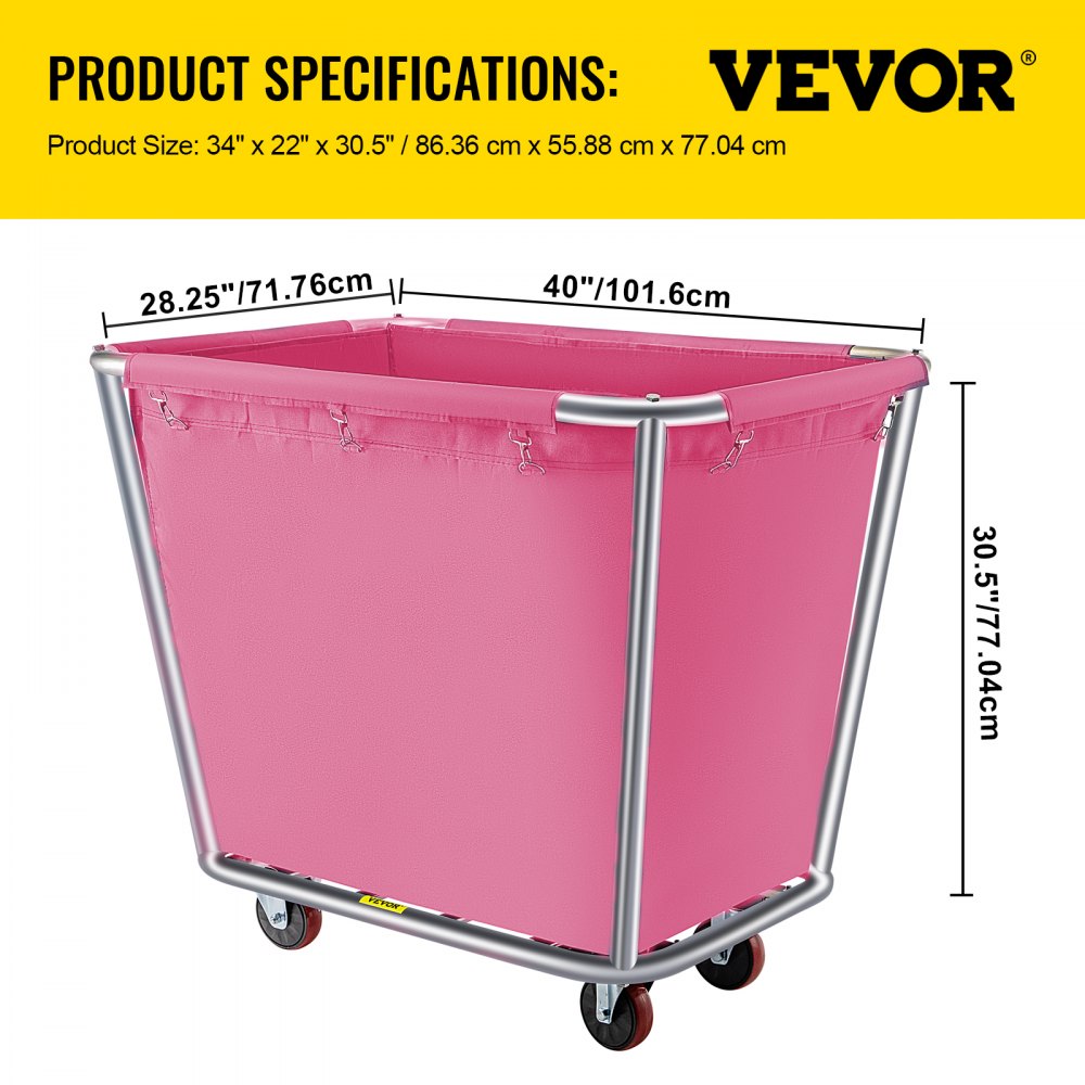 Cesta de lavandería VEVOR rosa con estructura de metal y ruedas, medidas 34&quot;x22&quot;x30,5&quot;.