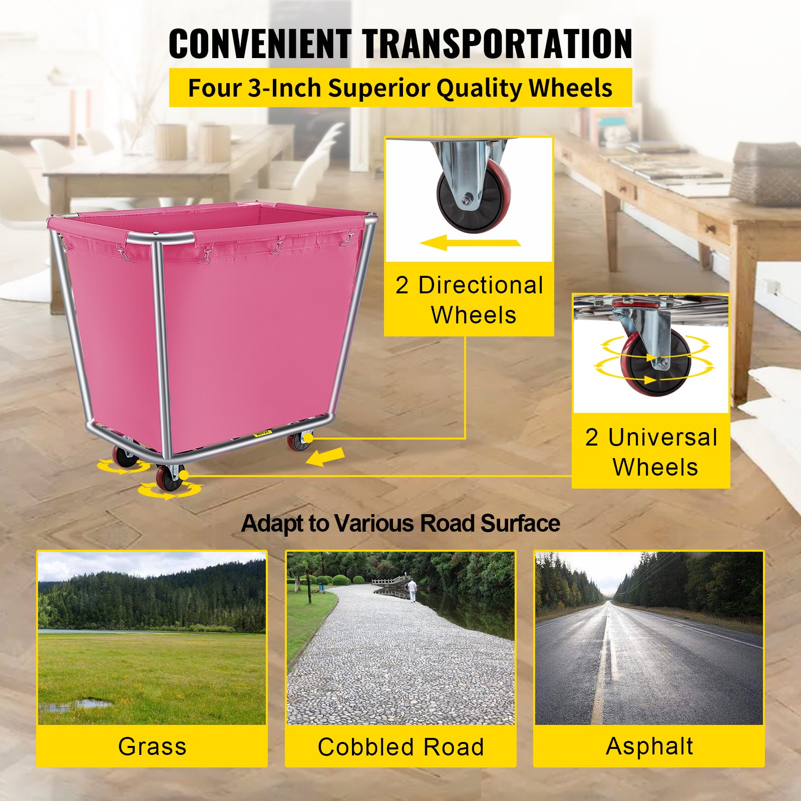 Cesta de ropa sucia VEVOR rosa con ruedas de calidad para facilitar su transporte en diversas superficies.