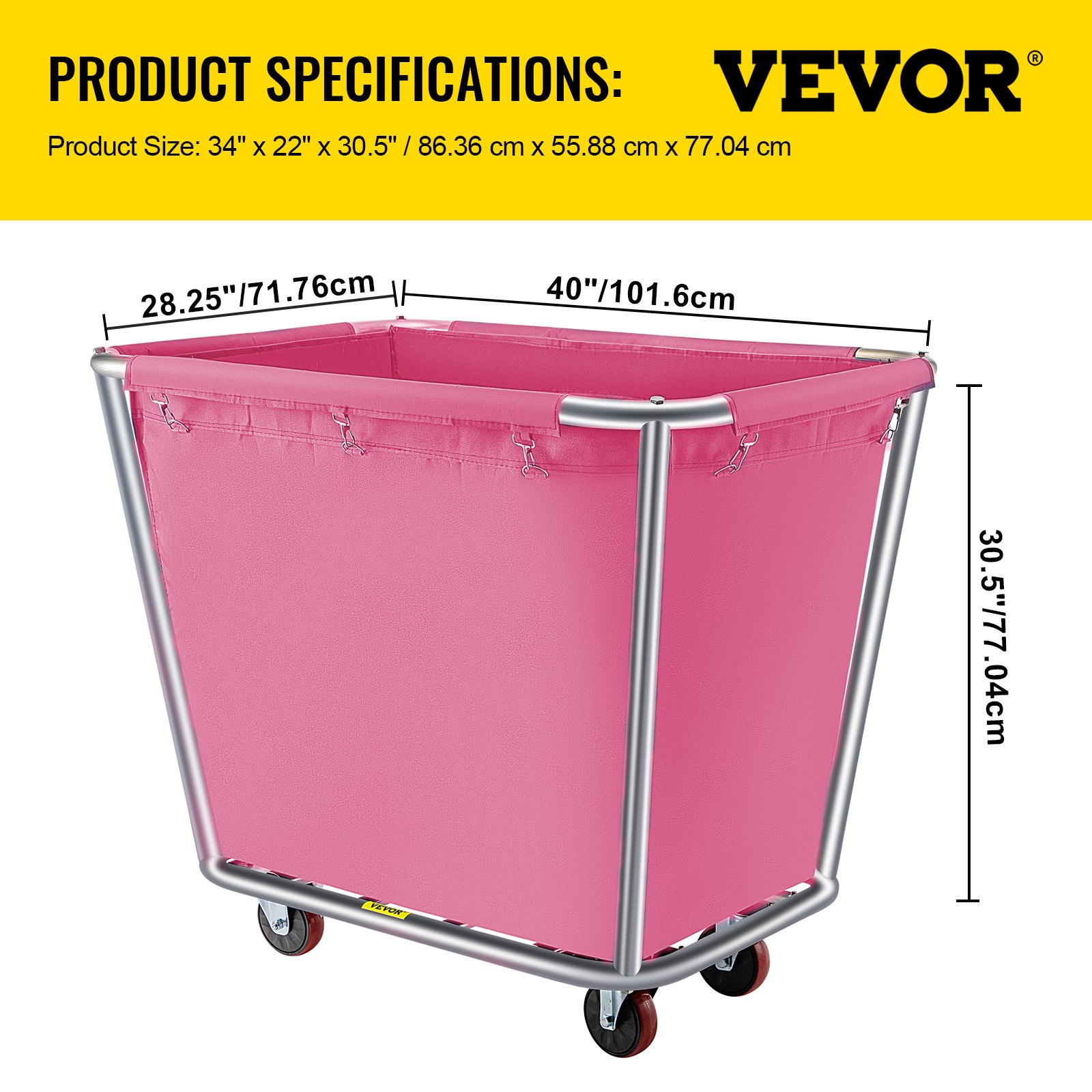 Cesta de lavandería VEVOR rosa con estructura de metal y ruedas, medidas 34&quot;x22&quot;x30,5&quot;.