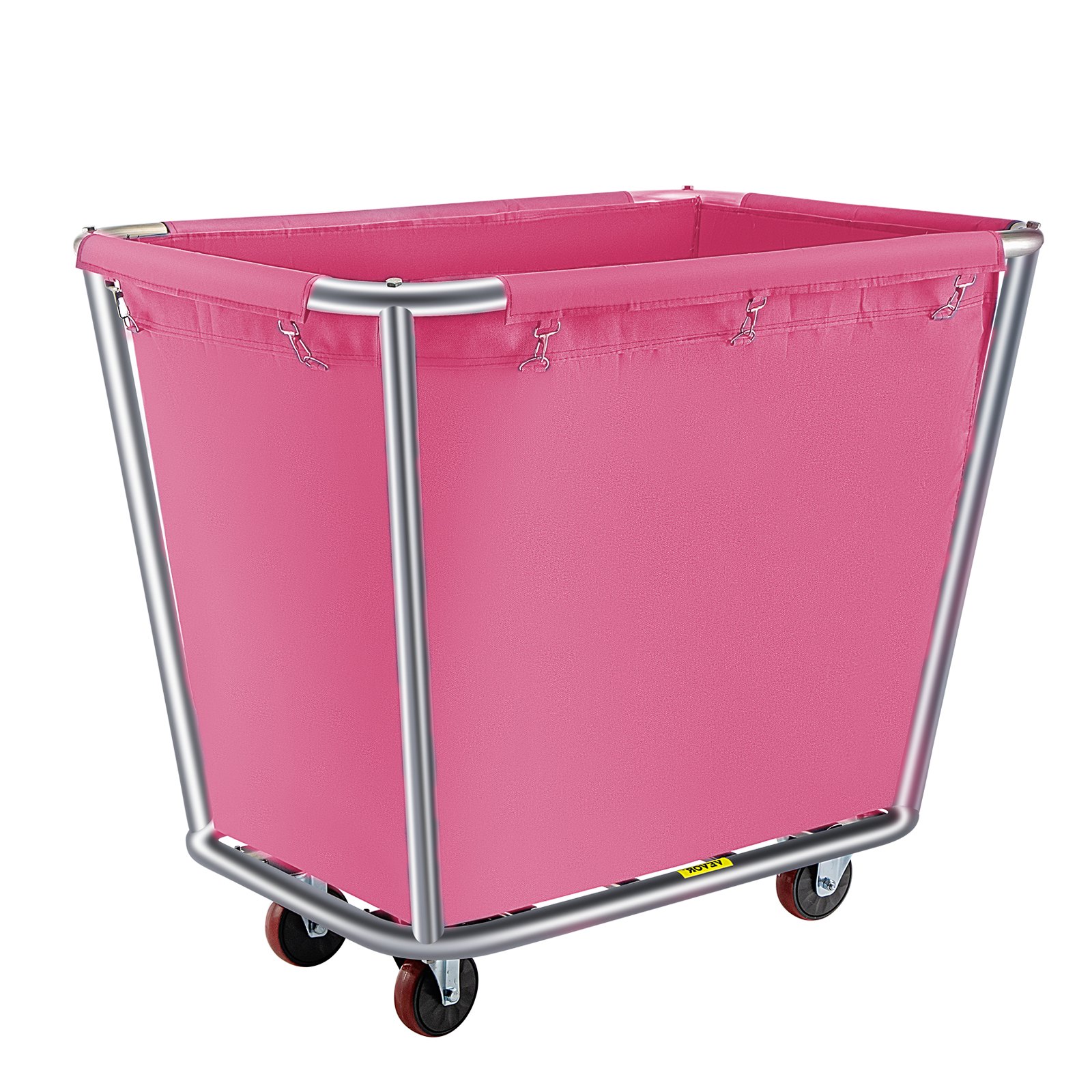 Cesta de ropa sucia VEVOR rosa con ruedas y estructura de metal robusta.