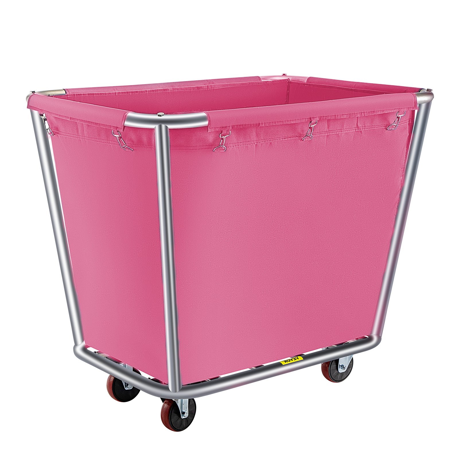 Cesta de ropa VEVOR con forro de tela rosa y estructura de metal sobre ruedas.