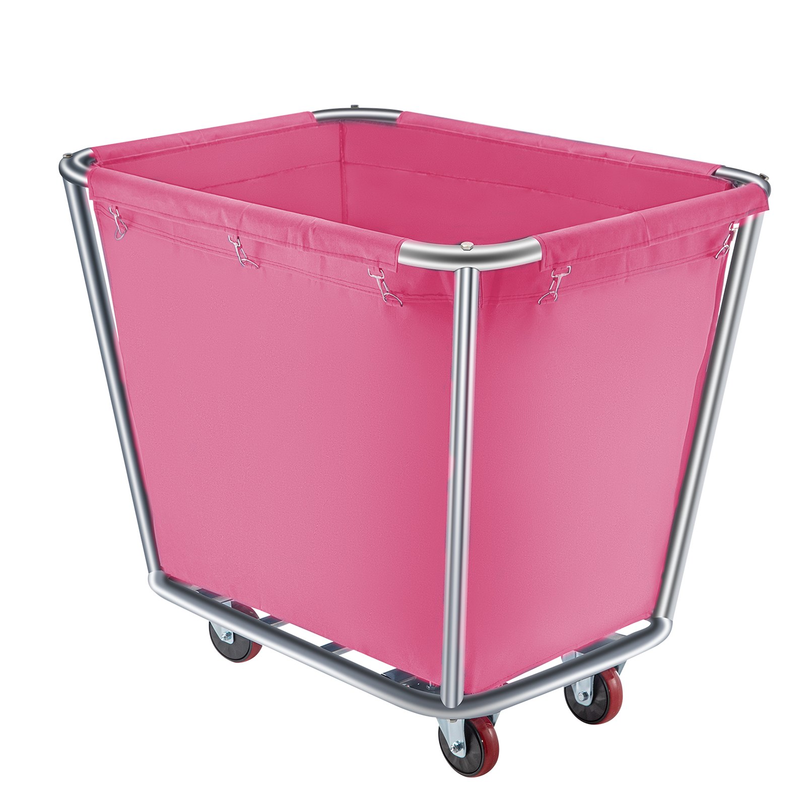 Cesta de lavandería VEVOR de color rosa brillante con estructura de metal y ruedas.