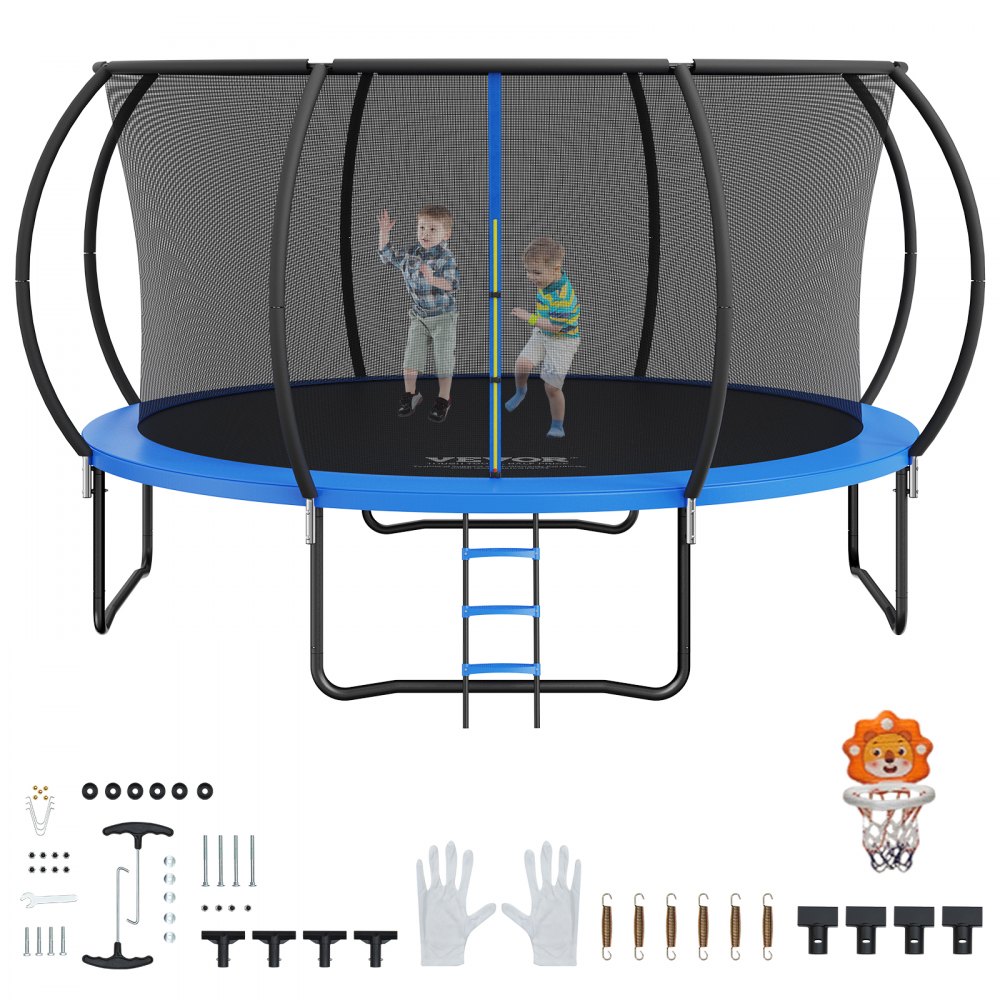 Trampolín VEVOR con red de seguridad, escalera y accesorios que incluyen guantes y mini aro de baloncesto.