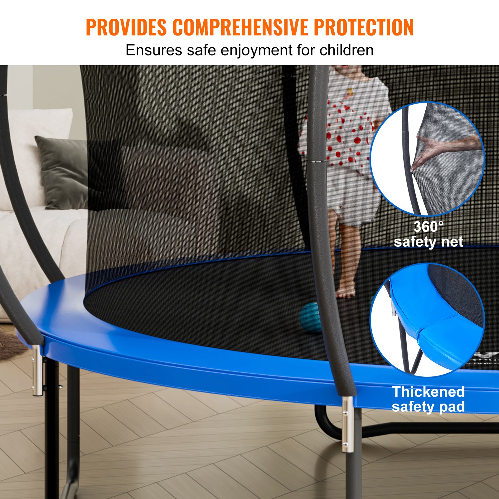 El trampolín VEVOR cuenta con una red de seguridad de 360° y una almohadilla de seguridad engrosada para una mayor protección de los niños.