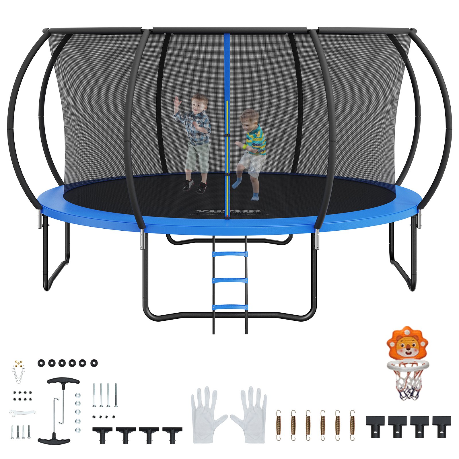 Trampolín VEVOR con red de seguridad, escalera y accesorios que incluyen guantes y mini aro de baloncesto.
