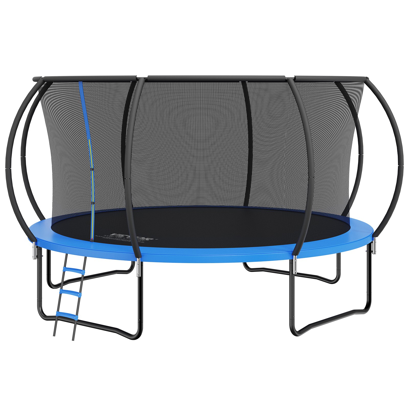 Trampolín VEVOR con redes de seguridad, acolchado azul y escalera con estructura de acero.