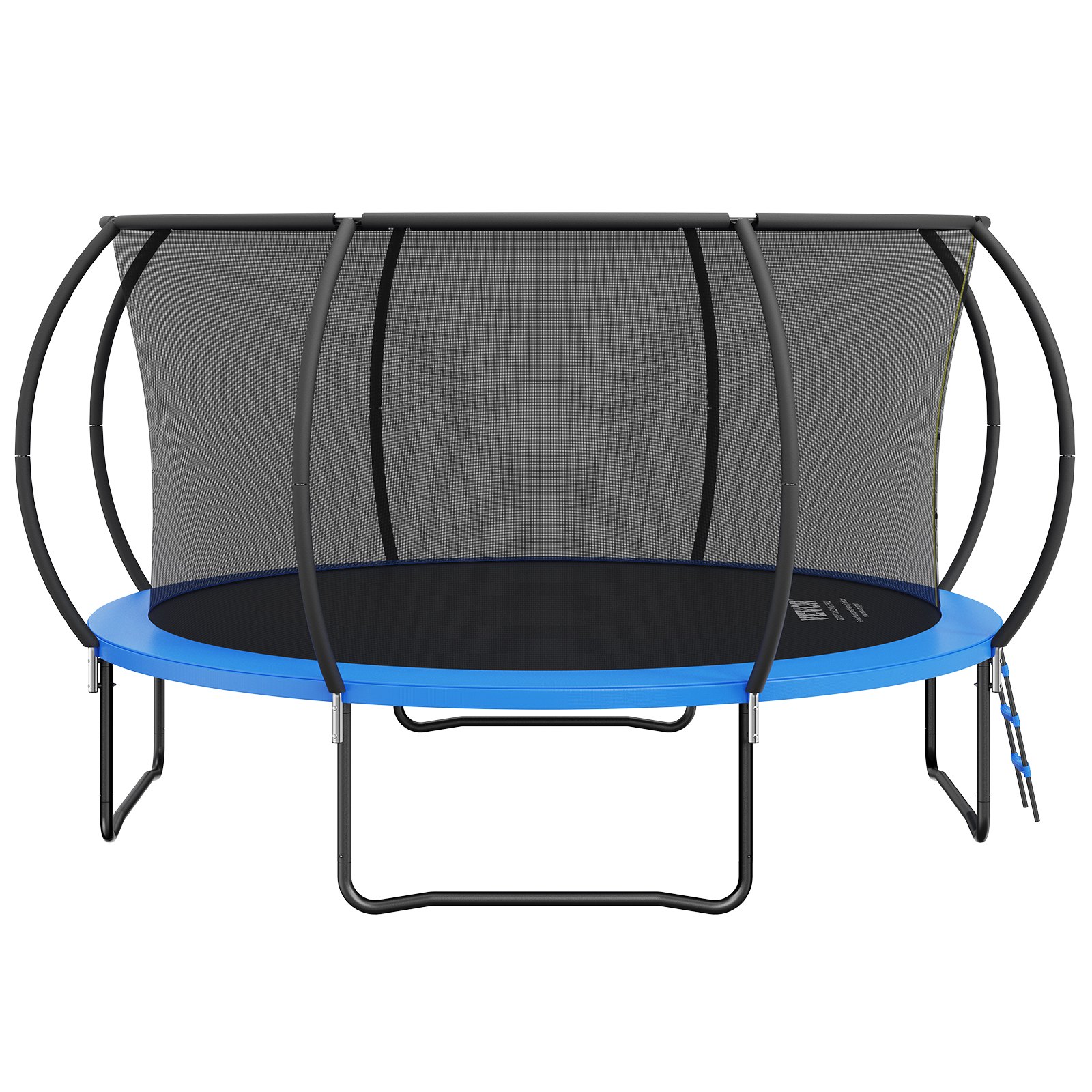 Trampolín VEVOR con acolchado azul, red de seguridad y marco negro resistente.