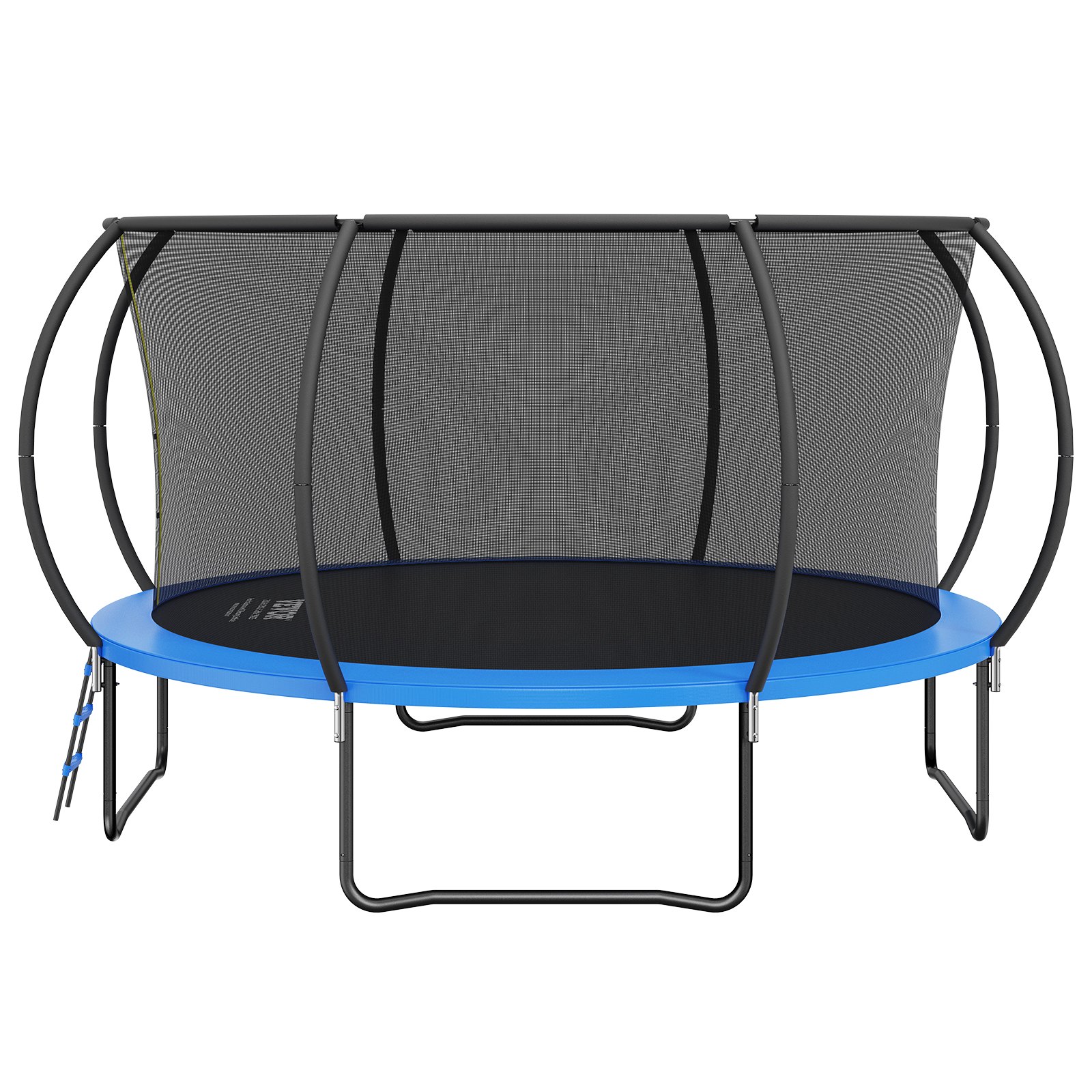 Trampolín VEVOR negro y azul con red de seguridad y estructura de metal resistente.