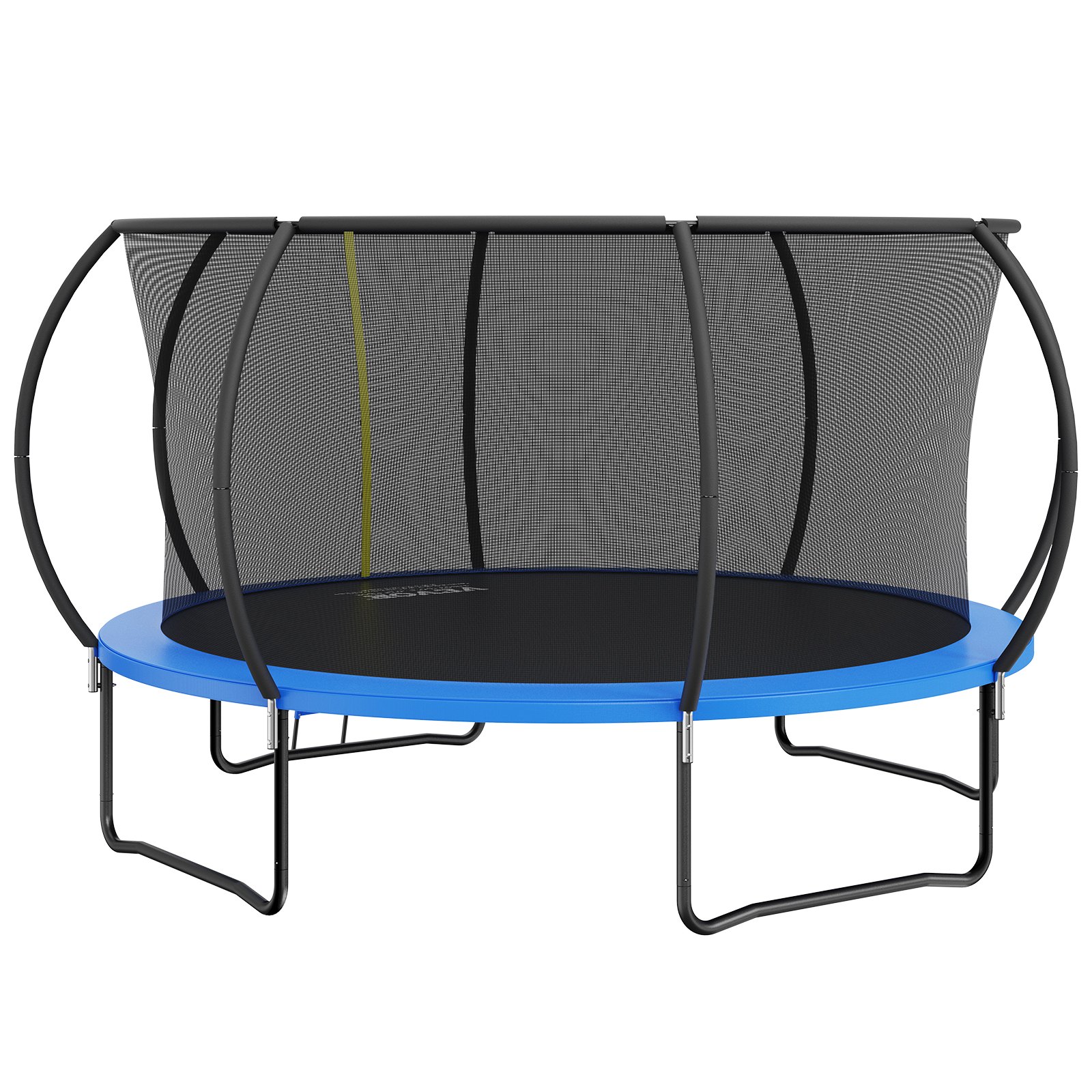 Trampolín redondo VEVOR con borde azul, red de seguridad negra y estructura de metal resistente.