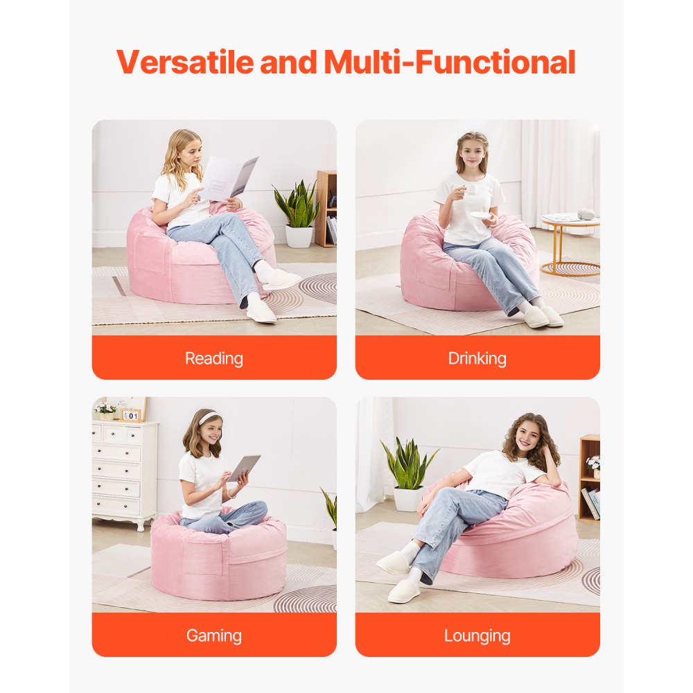 Sillón puff redondo de 3 pies con funda extraíble y terciopelo holandés rosa