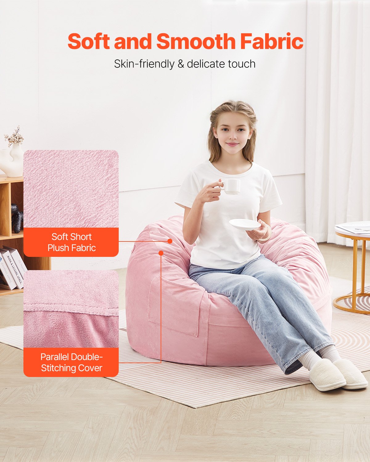Sillón puff redondo de 3 pies con funda extraíble y terciopelo holandés rosa