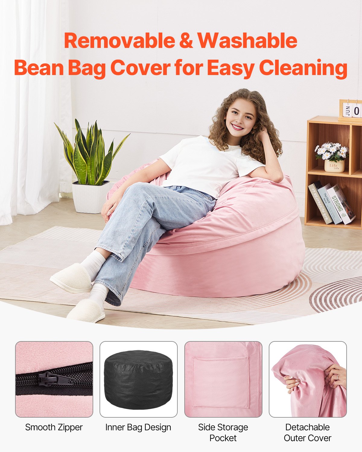 Sillón puff redondo de 3 pies con funda extraíble y terciopelo holandés rosa