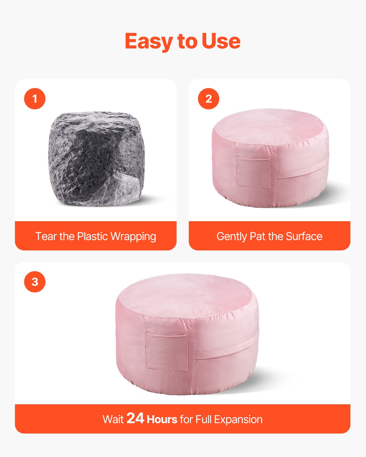 Sillón puff redondo de 3 pies con funda extraíble y terciopelo holandés rosa