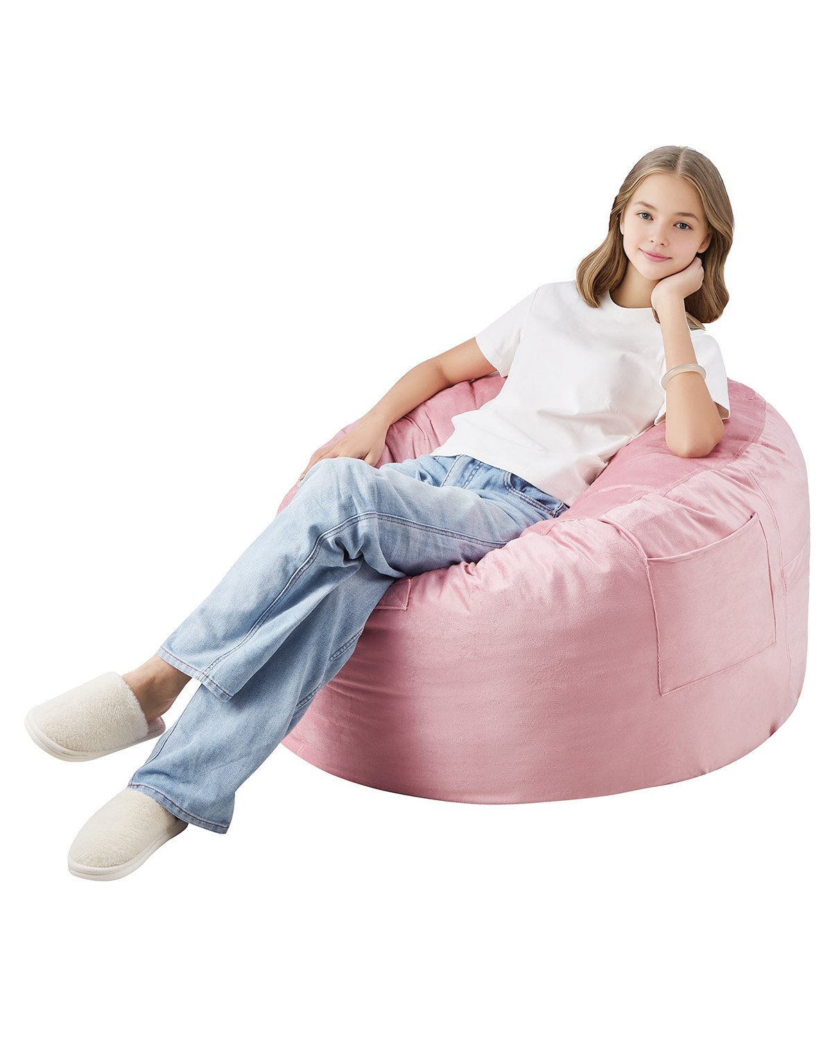 Sillón puff redondo de 3 pies con funda extraíble y terciopelo holandés rosa