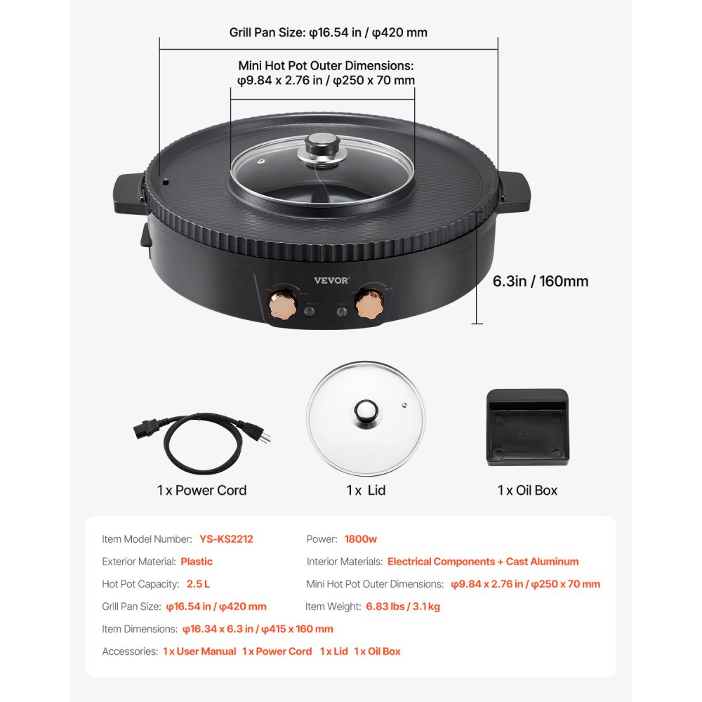 Olla caliente VEVOR con parrilla, parrilla eléctrica sin humo 2 en 1 de 1800 W, olla caliente coreana para shabu shabu con control de temperatura dual independiente, sartén antiadherente, para cenas familiares de 2 a 8 personas