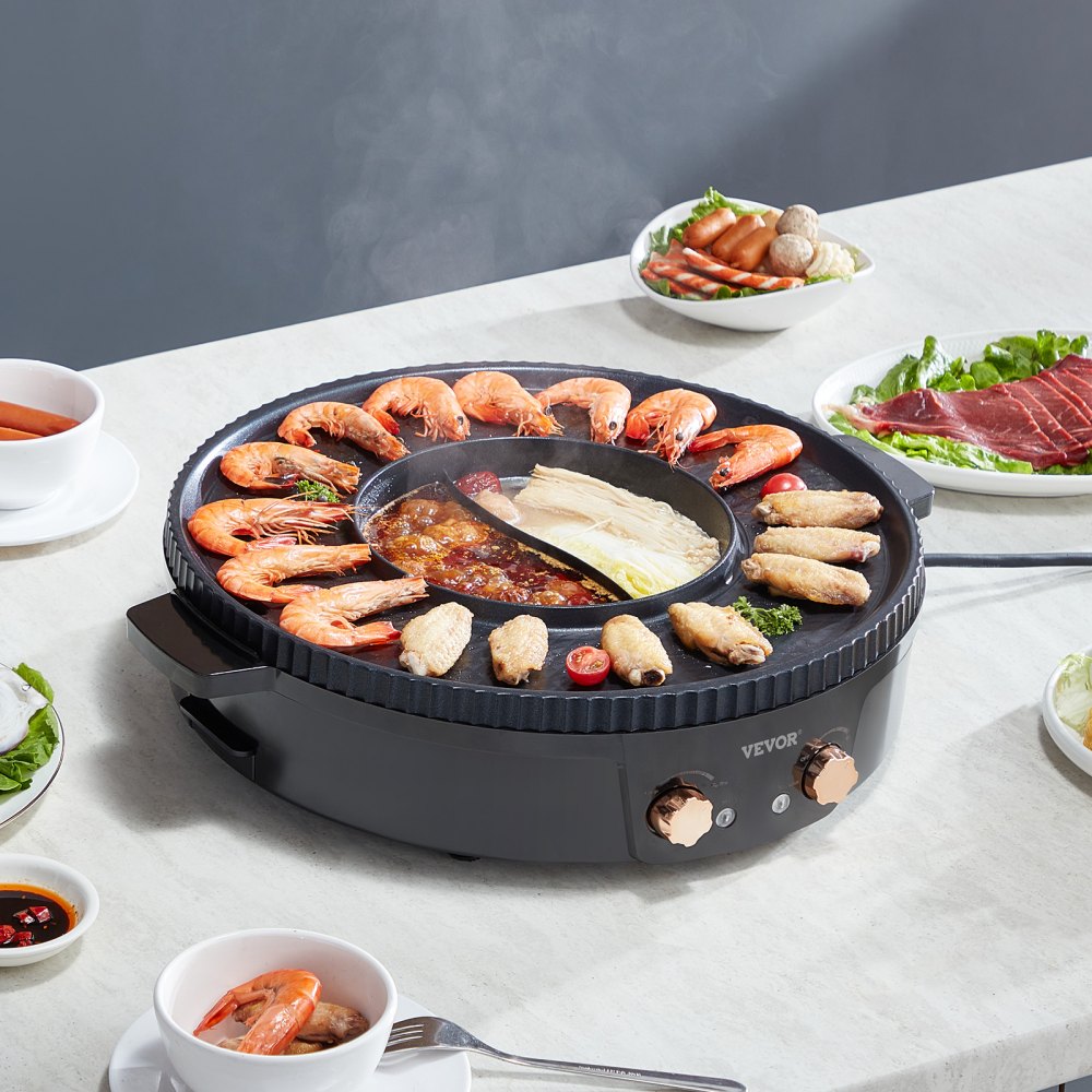 Olla caliente VEVOR con parrilla, parrilla eléctrica sin humo 2 en 1 de 1800 W, olla caliente coreana para shabu shabu con control de temperatura dual independiente, sartén antiadherente, para cenas familiares de 2 a 8 personas
