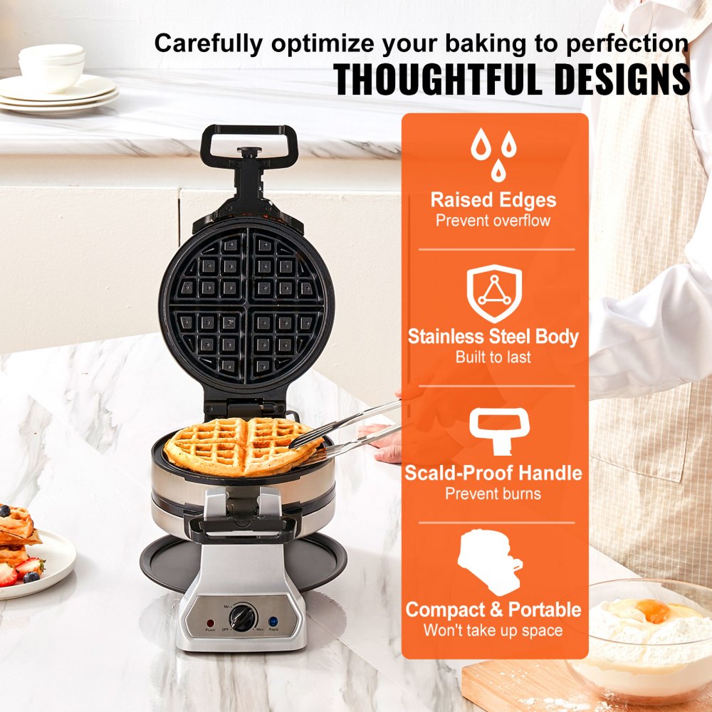 Máquina para hacer waffles VEVOR con cuerpo de acero inoxidable, bordes elevados, mango a prueba de quemaduras y diseño compacto.