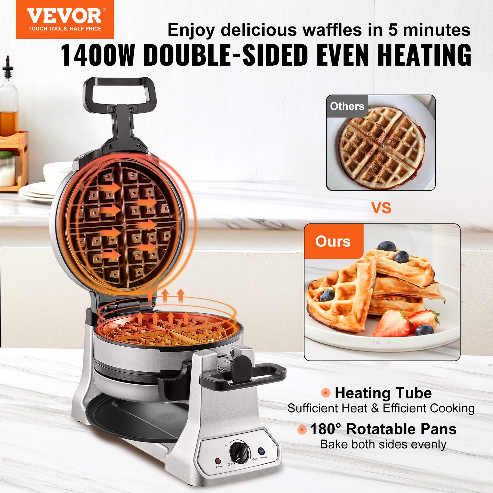Máquina para hacer waffles VEVOR con calentamiento de doble cara de 1400 W, bandejas giratorias de 180° y tubo de calentamiento para obtener waffles uniformes.