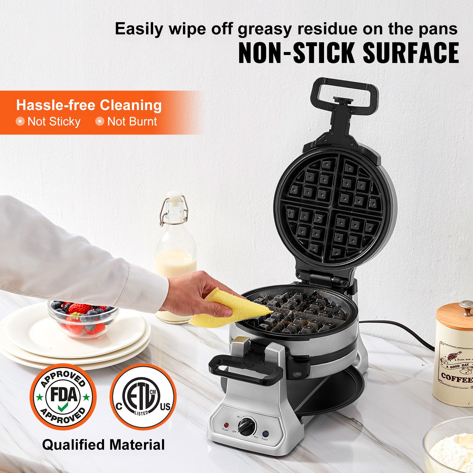 Máquina para hacer waffles VEVOR con superficie antiadherente para una fácil limpieza, aprobada por la FDA y ETL, en un entorno de cocina.