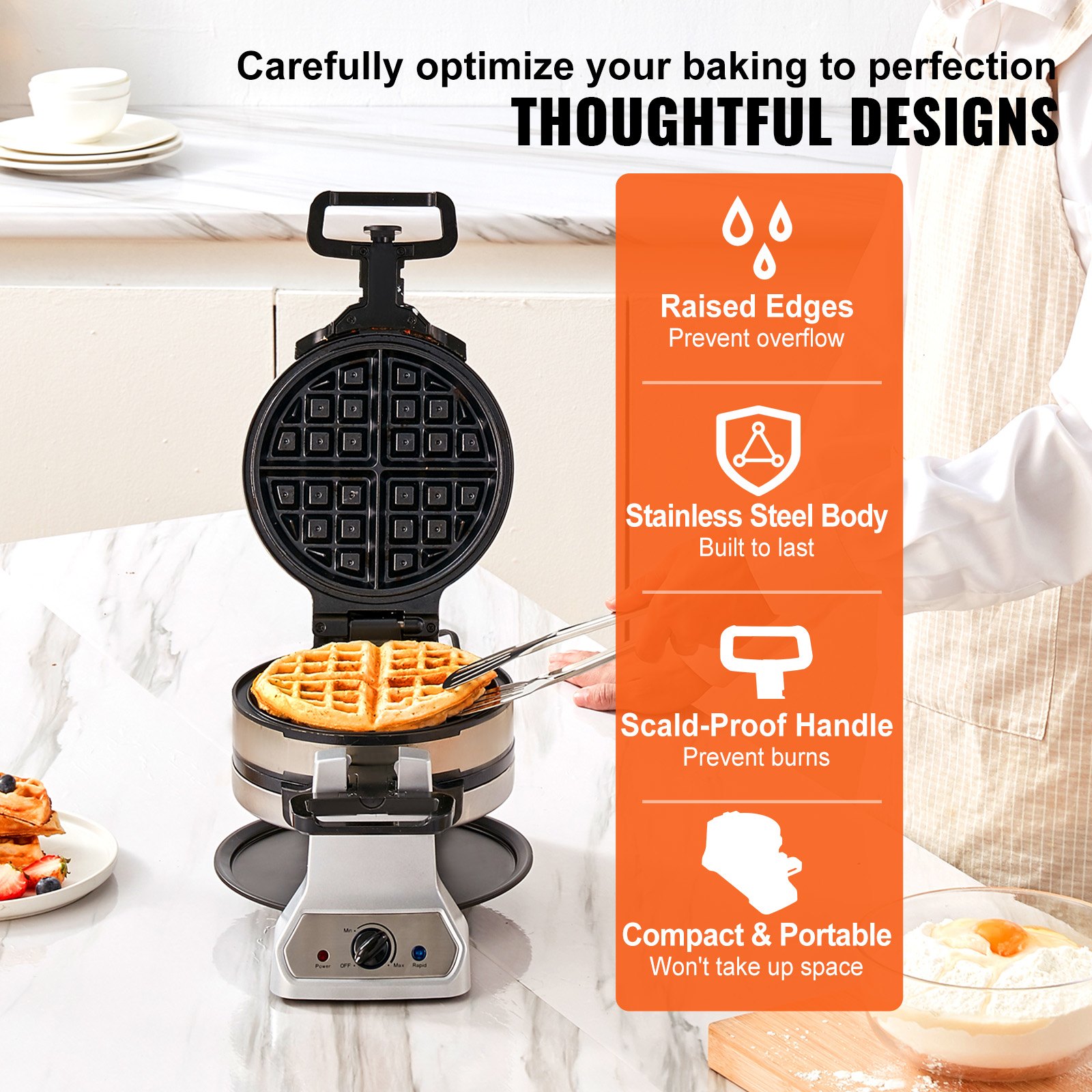 Máquina para hacer waffles VEVOR con cuerpo de acero inoxidable, bordes elevados, mango a prueba de quemaduras y diseño compacto.