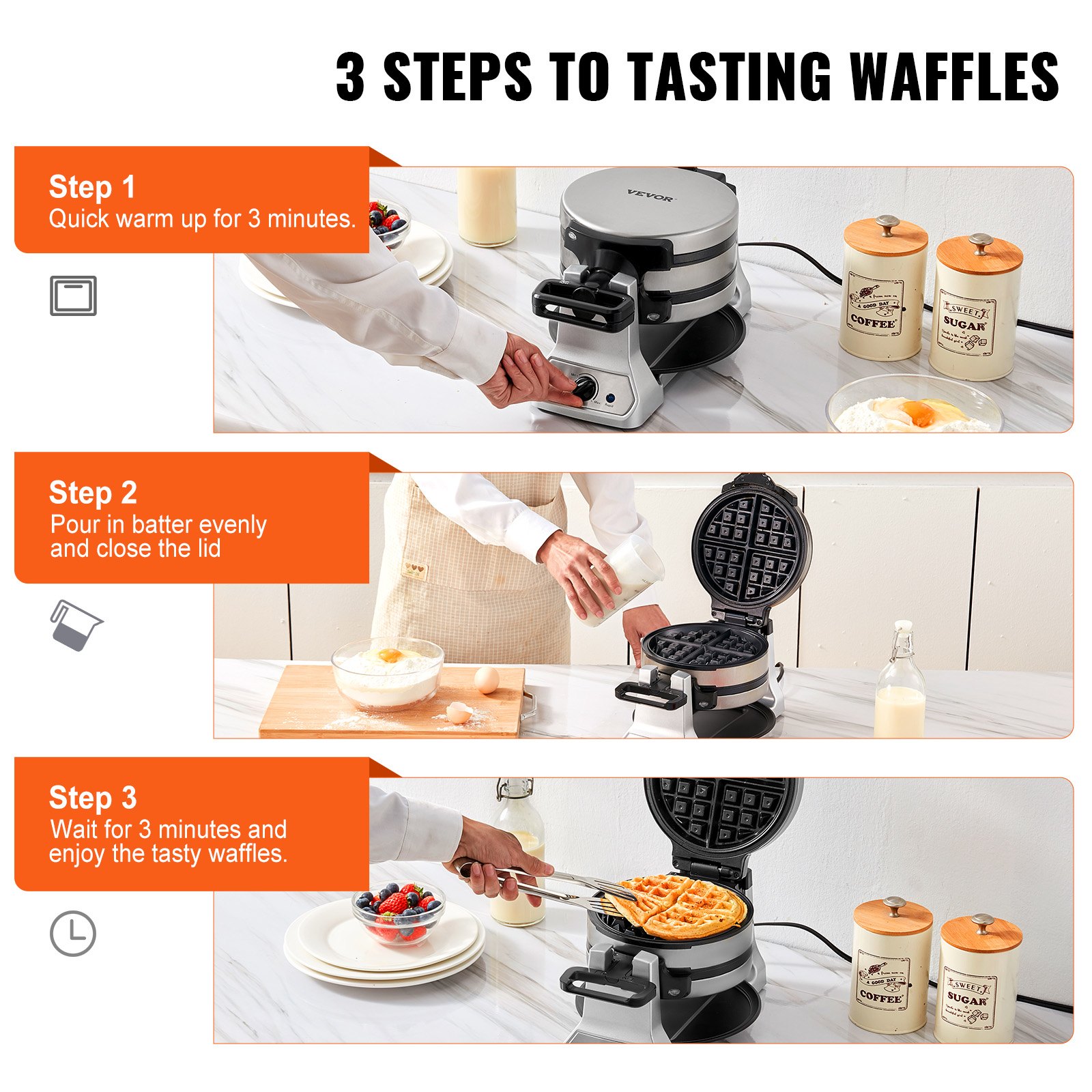 Máquina para hacer waffles VEVOR en una cocina, que muestra 3 pasos: calentar, verter la masa y disfrutar de los waffles en 3 minutos.