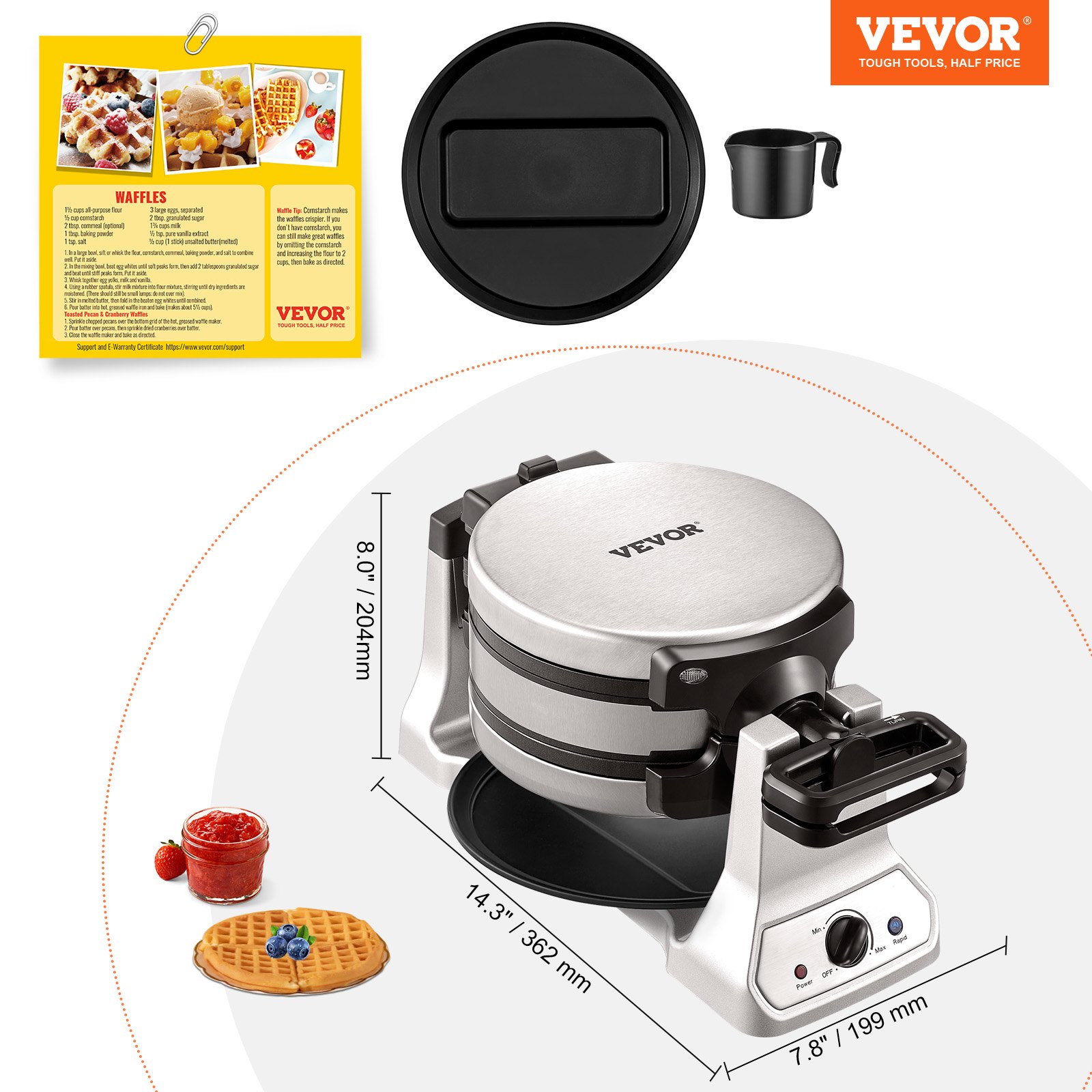Máquina para hacer waffles VEVOR con recipiente para masa, bandeja extraíble y tarjeta de recetas, dimensiones 14,3&quot; x 7,8&quot; x 8&quot;.
