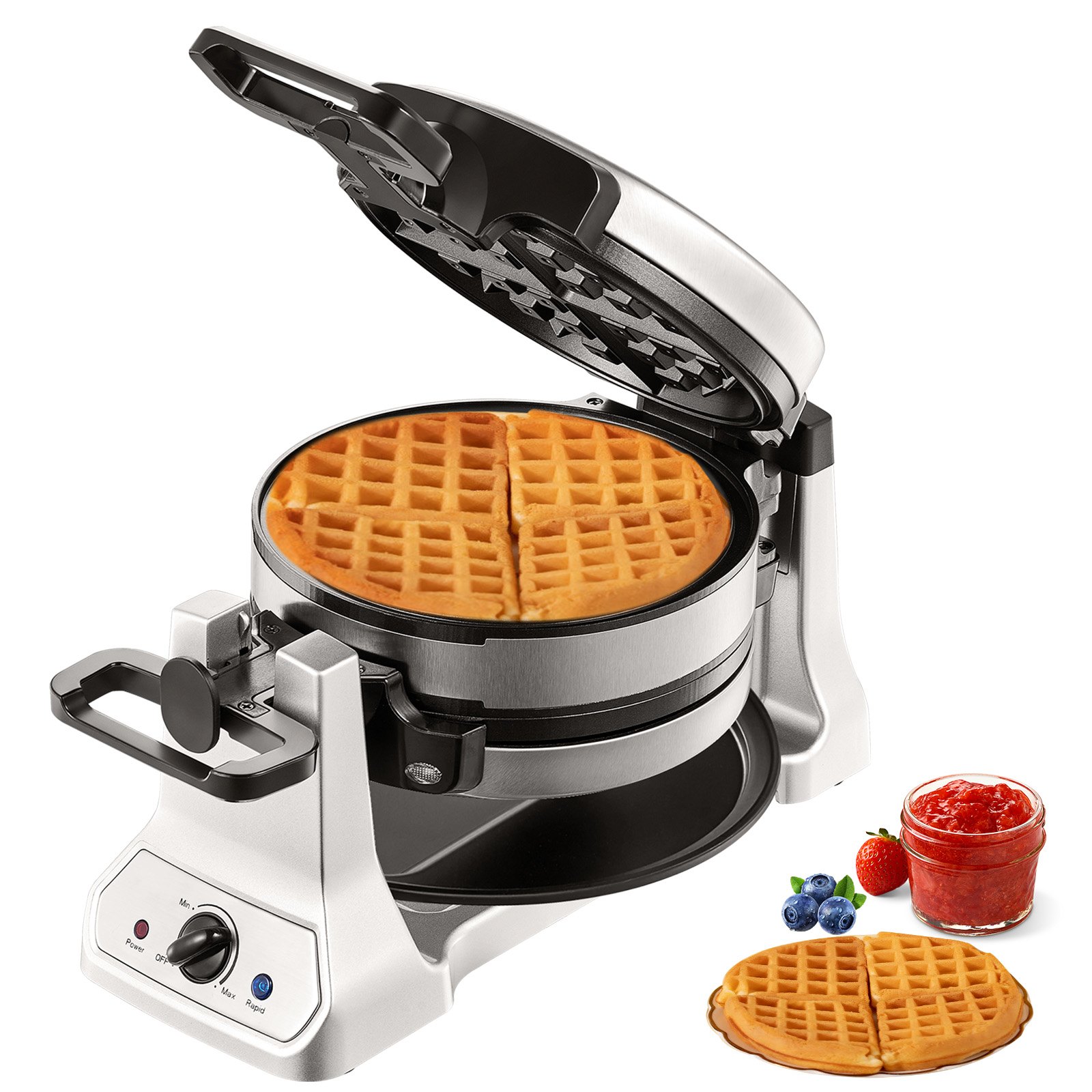 Máquina para hacer waffles VEVOR con waffles frescos, coberturas de arándanos y fresas y mermelada de fresa.