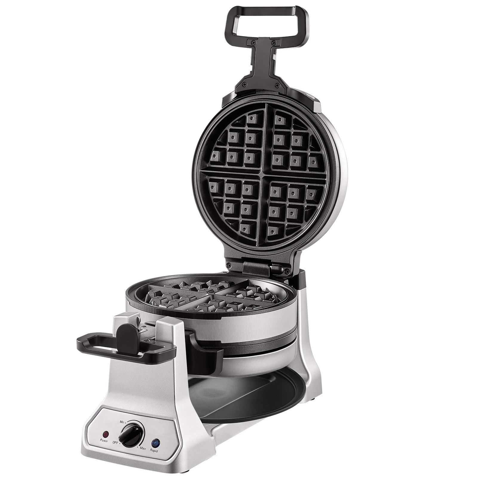 Máquina para hacer waffles VEVOR de acero inoxidable con superficie de cocción redonda antiadherente y controles ajustables.