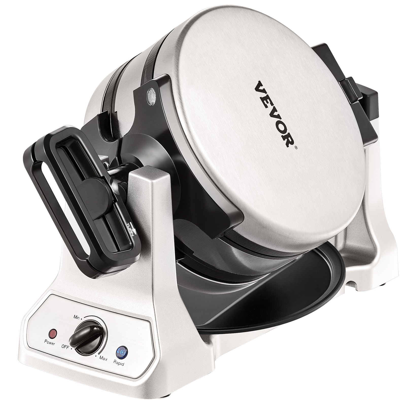 Máquina para hacer waffles VEVOR con cuerpo de acero inoxidable, mecanismo de giro y perilla de control para ajustes de temperatura.