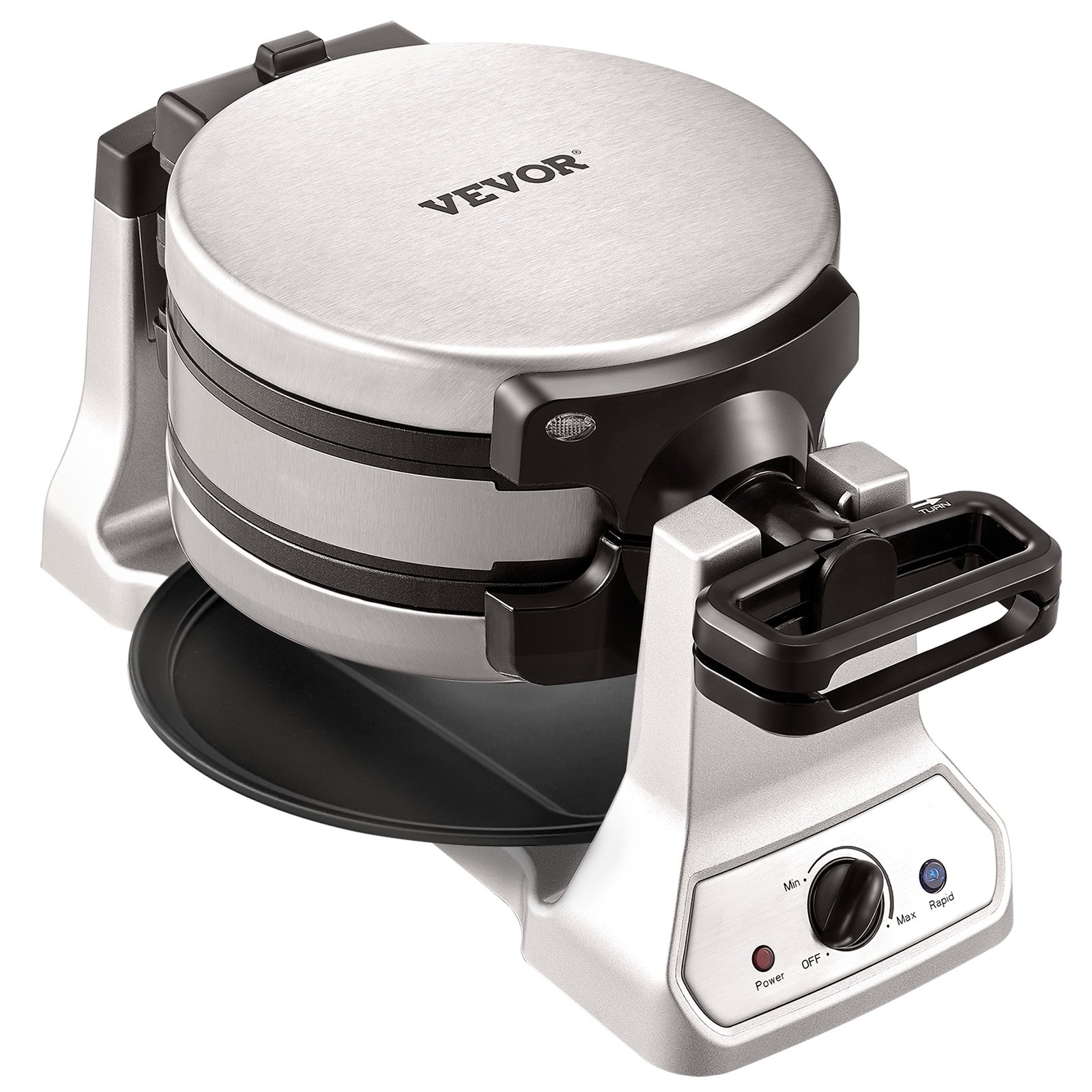 Máquina para hacer waffles VEVOR con cuerpo de acero inoxidable y control de temperatura ajustable, que cuenta con una base resistente.