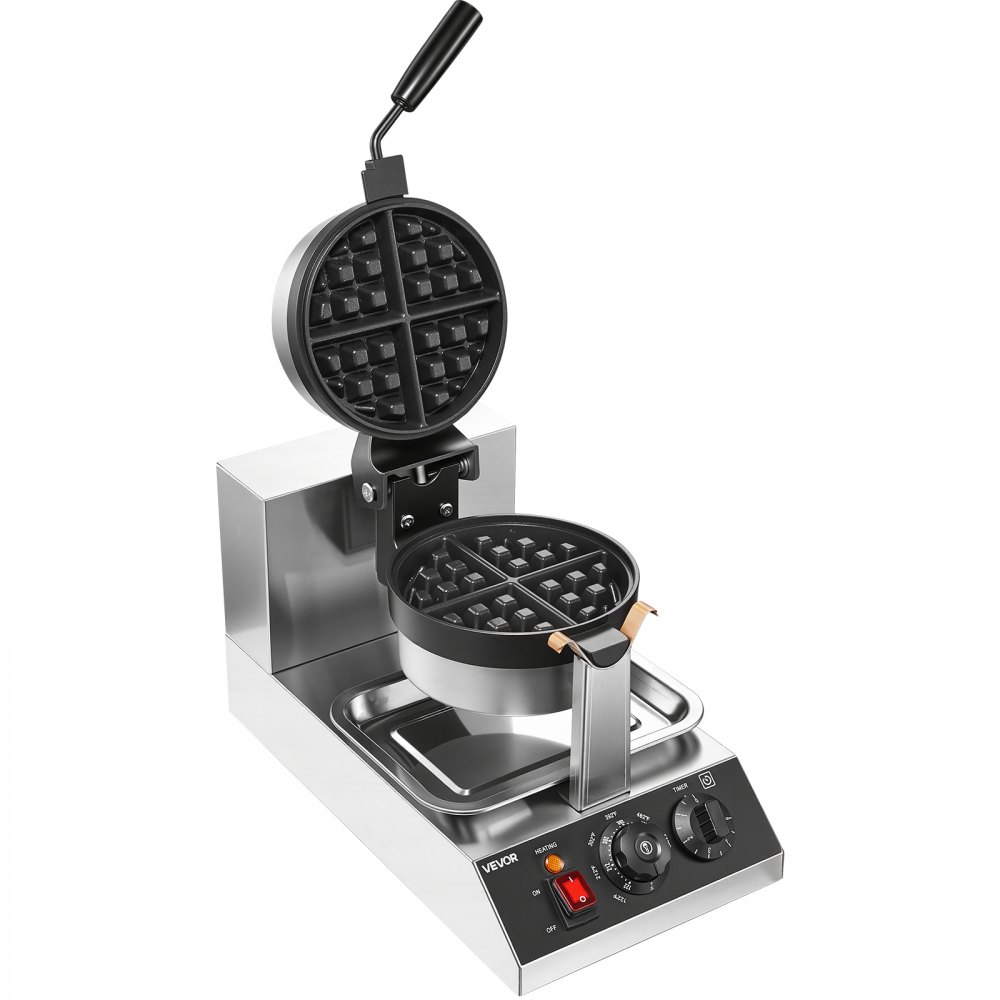 VEVOR Máquina para hacer gofres comercial, 1 pieza por lote, plancha para gofres redonda de 1300 W, máquina para hacer gofres antiadherente con rango de temperatura de 122-572 ℉ / 50-300 ℃ Bandejas para hornear recubiertas de teflón Cuerpo de acero inoxidable, 120 V